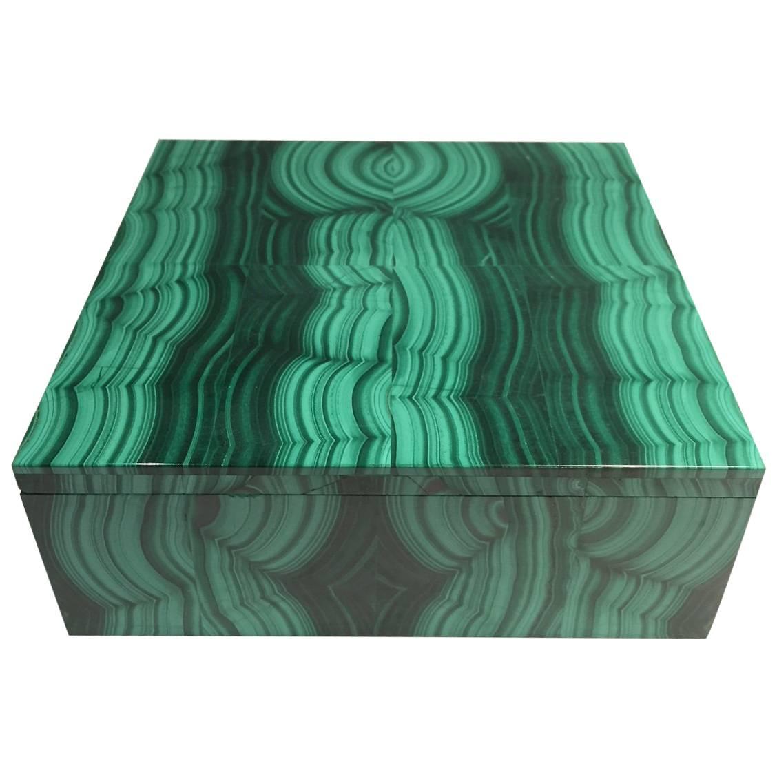 Large Square Bookmatched Malachite Box with Removable Lid Made in India