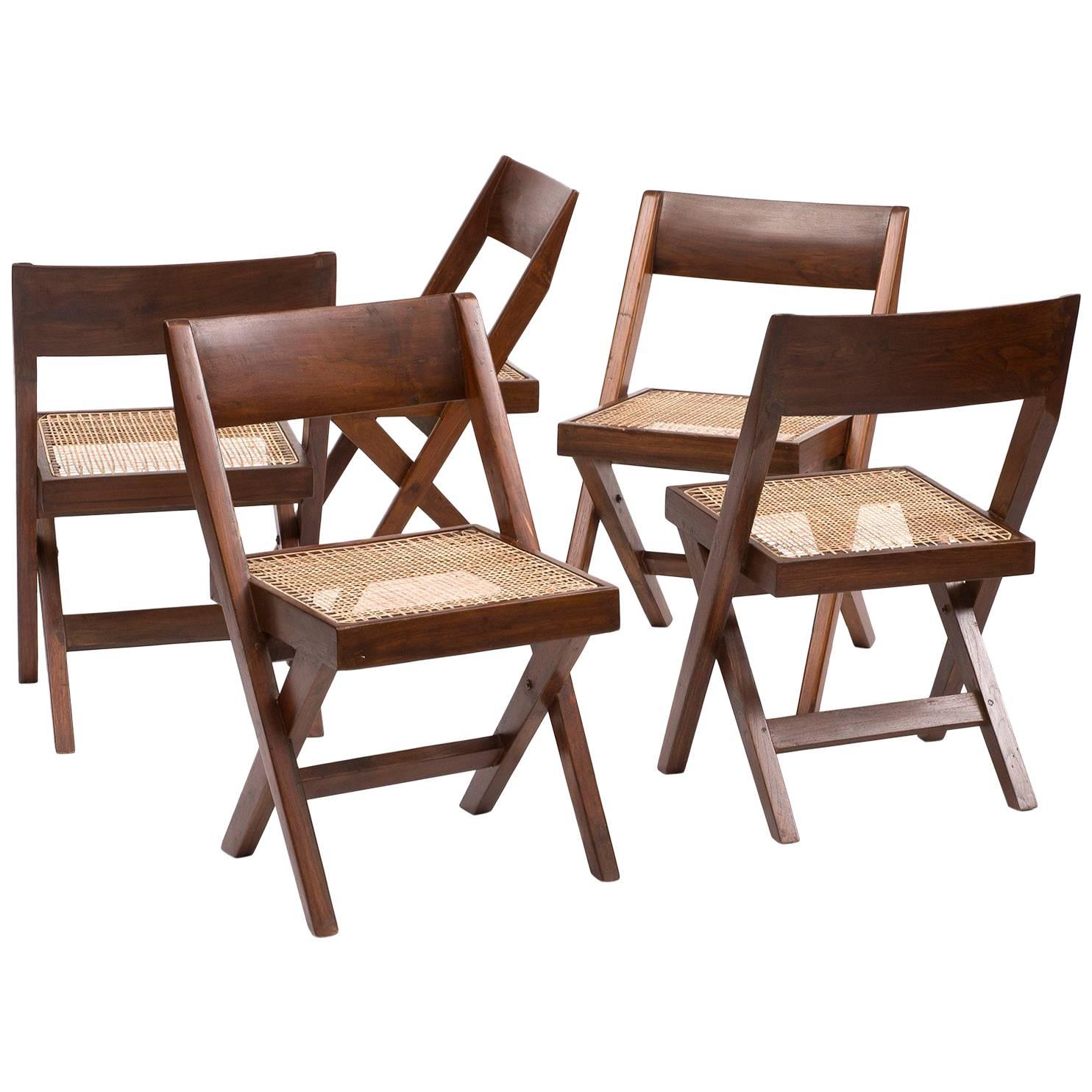 Set of Six Pierre Jeanneret Library Chairs in Teak from Chandigarh, 1950s