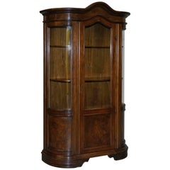 Vintage English Regency Style Walnut and Mahogany Bow Fronted Display Cabinet Bookcase