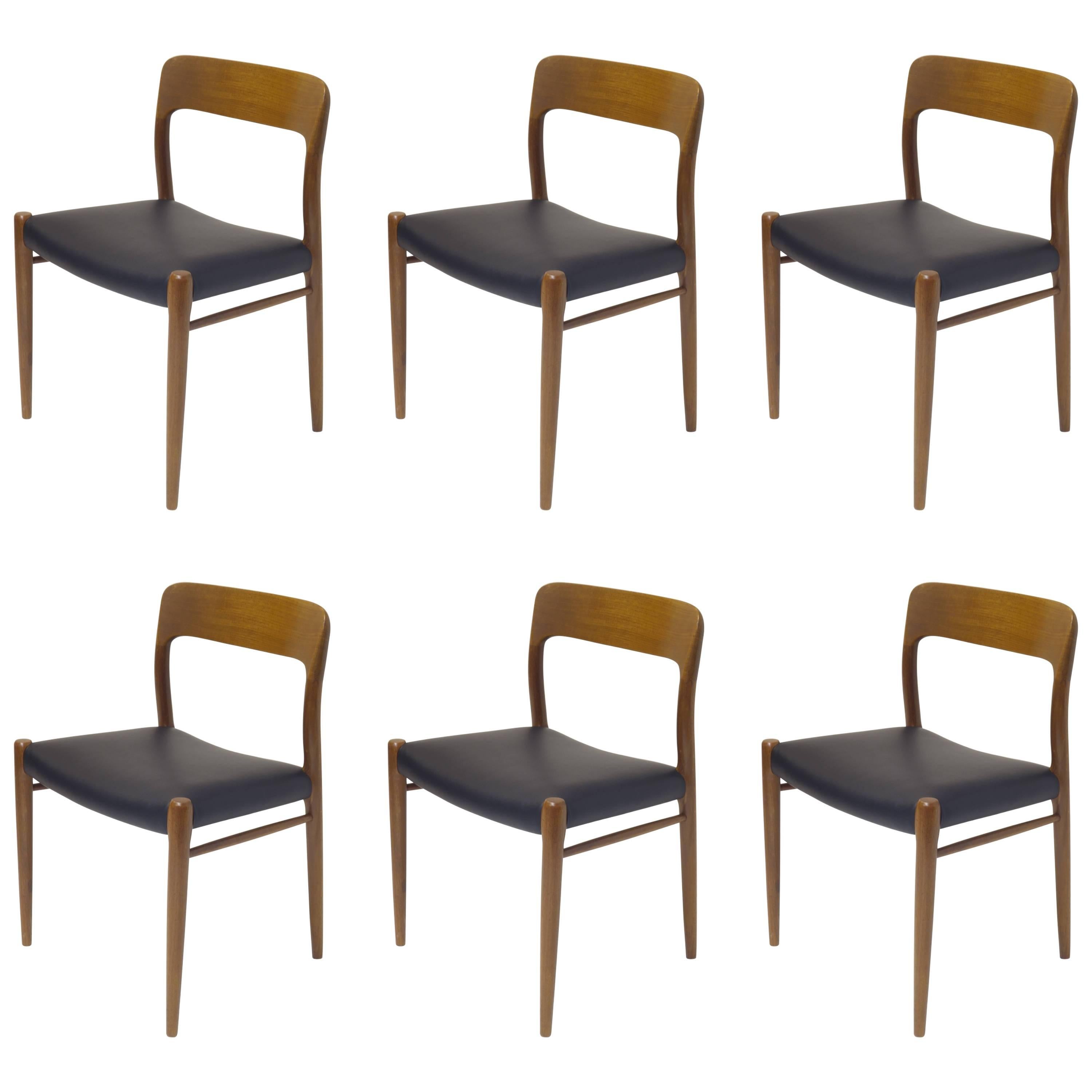 Six Teakwood Leather Midcentury Easy Chairs by J.L. Moeller, Denmark For Sale