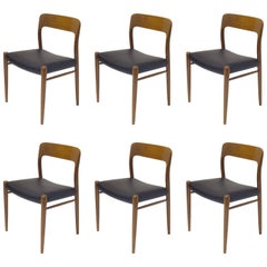 Six Teakwood Leather Midcentury Easy Chairs by J.L. Moeller, Denmark