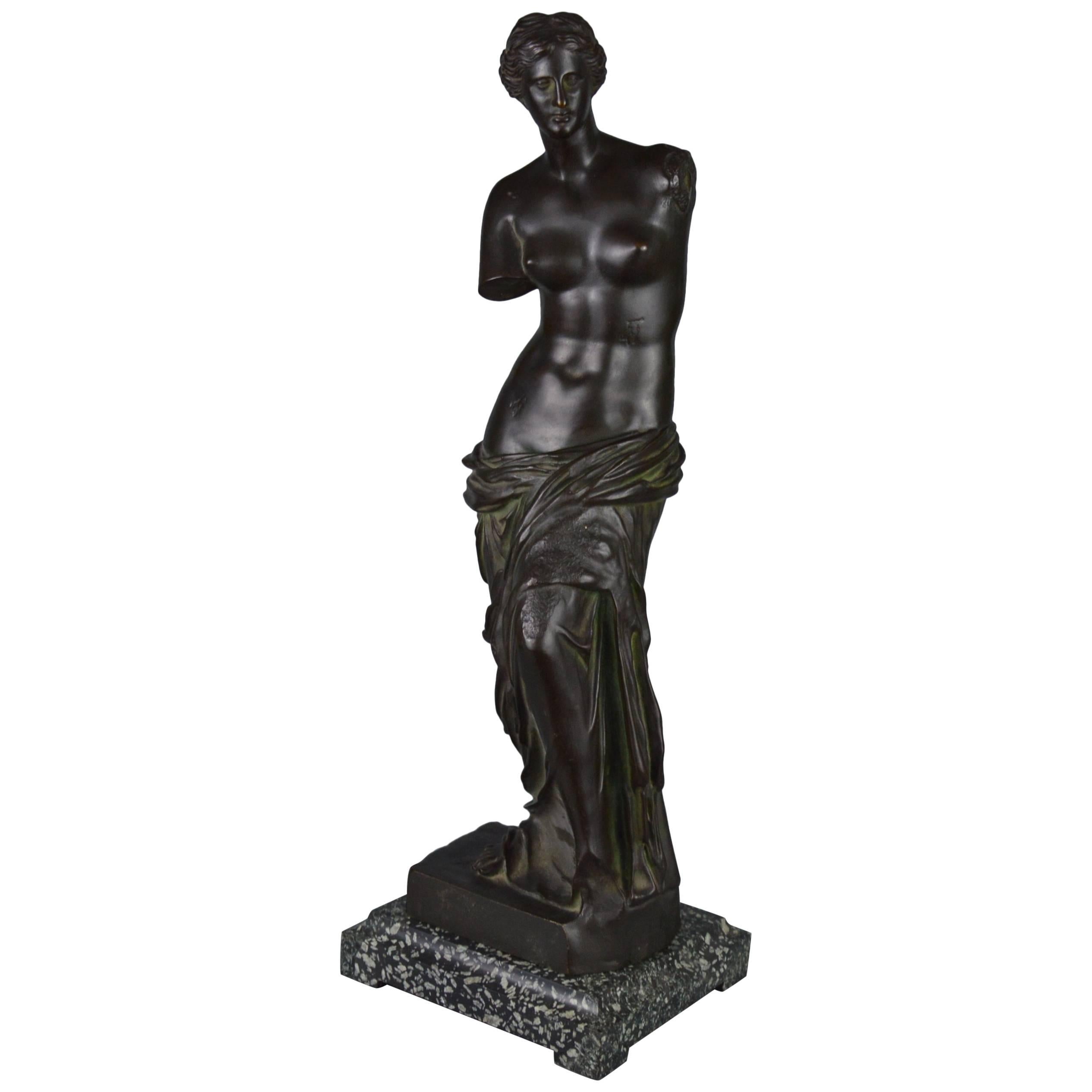 Bronze Sculpture of Venus de Milo, Black Patina, Green Flamed Marble Stand