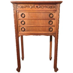 1900s French Hand-Carved Nutwood Side Table / Cabinet with Marble Top & Interior