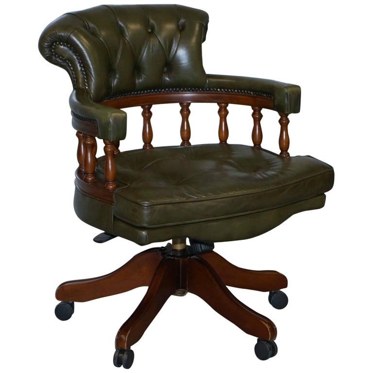 Stunning Cushioned Chesterfield Admirals Captains Aged Green Leather Chair at 1stDibs