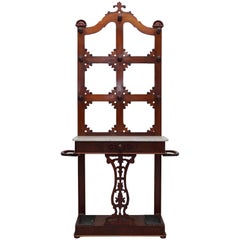 Antique Solid Oak Victorian 1870 Coat Hat Umbrella Stand with Marble-Top Console Table