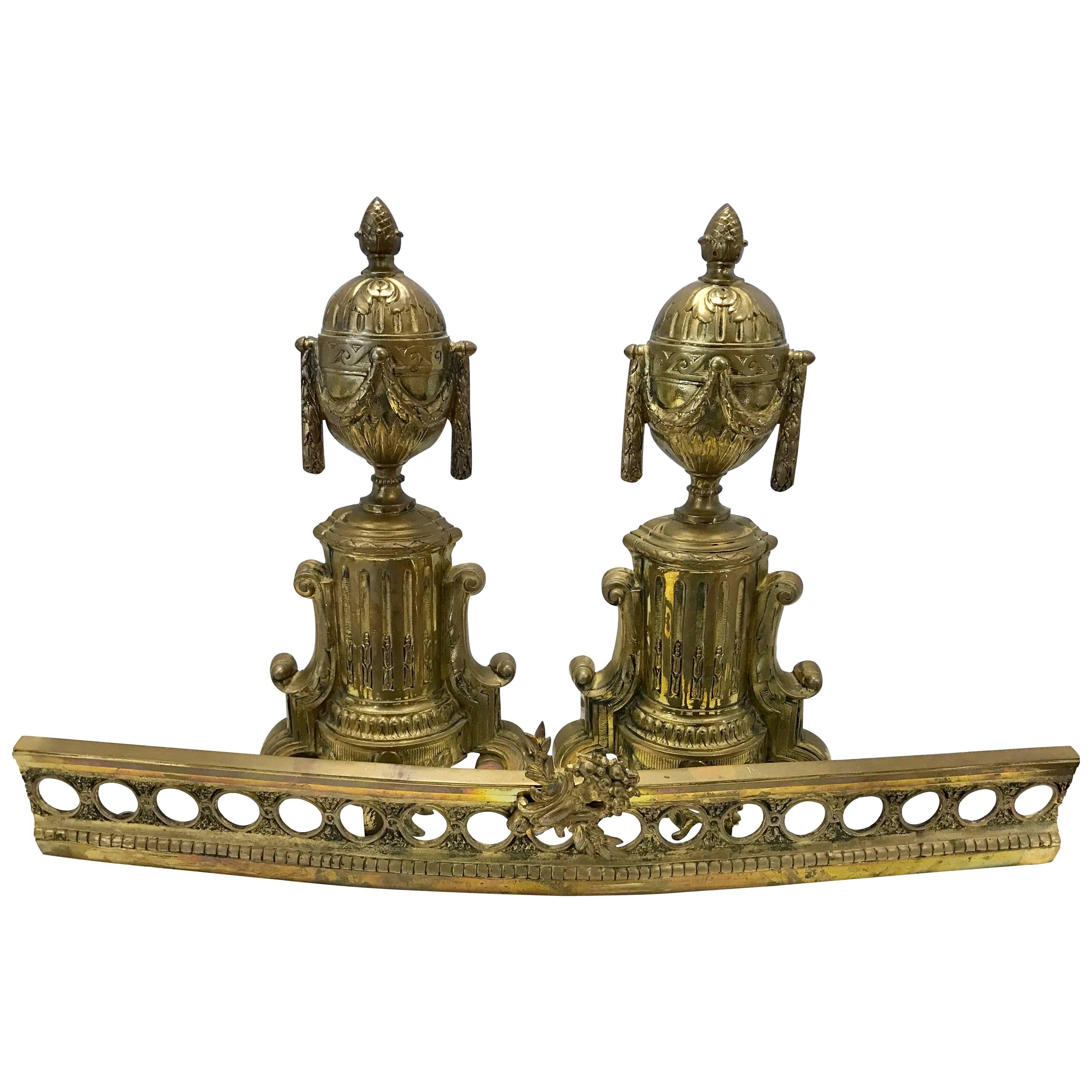 Pair of French Cast Brass Andirons and Fender