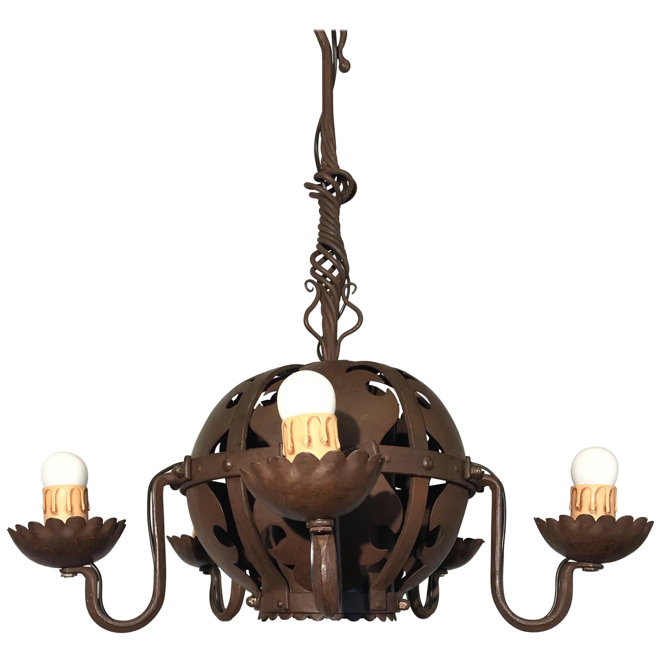 Unique & Hand-Forged Arts & Crafts Wrought Iron Pendant Light, circa 1910 For Sale