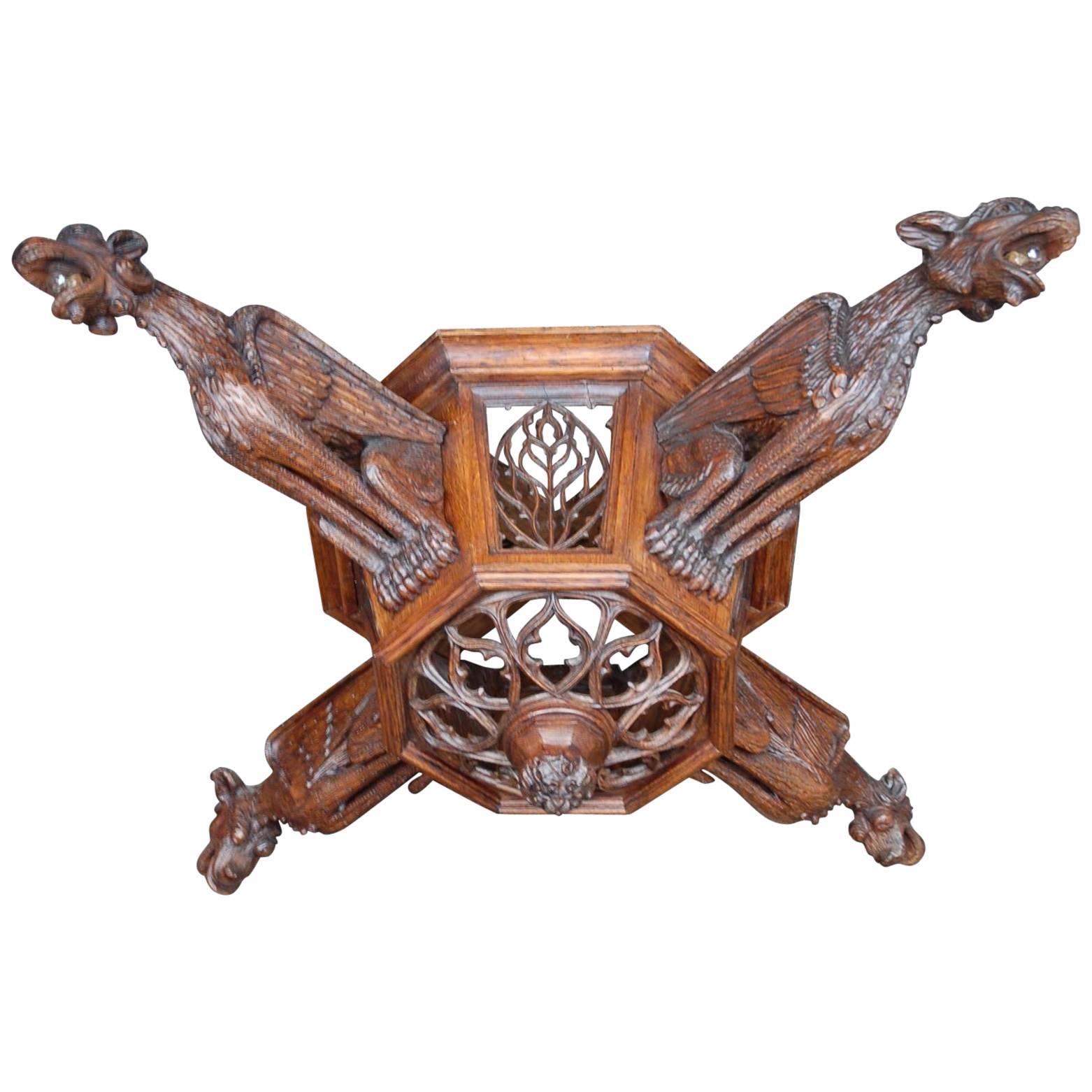 Enormous Hand-Carved Gothic Revival Art, Four Gargoyles Ceiling Light Fixture