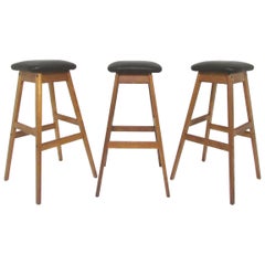 Set of Three Danish Teak and Leather Bar Stools by Vamdrup Stolefabrik