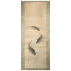 Early 20th Century Japan Scroll Three Koi Fish  Silk Hand Painting, Signed Box