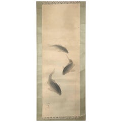 Early 20th Century Japan Scroll Three Koi Fish Silk Hand Painting, Signed Box