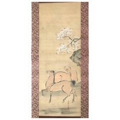 Japan Antique Two Horses Hand-Painted Silk Scroll & Spring Sakura Cherry Tree