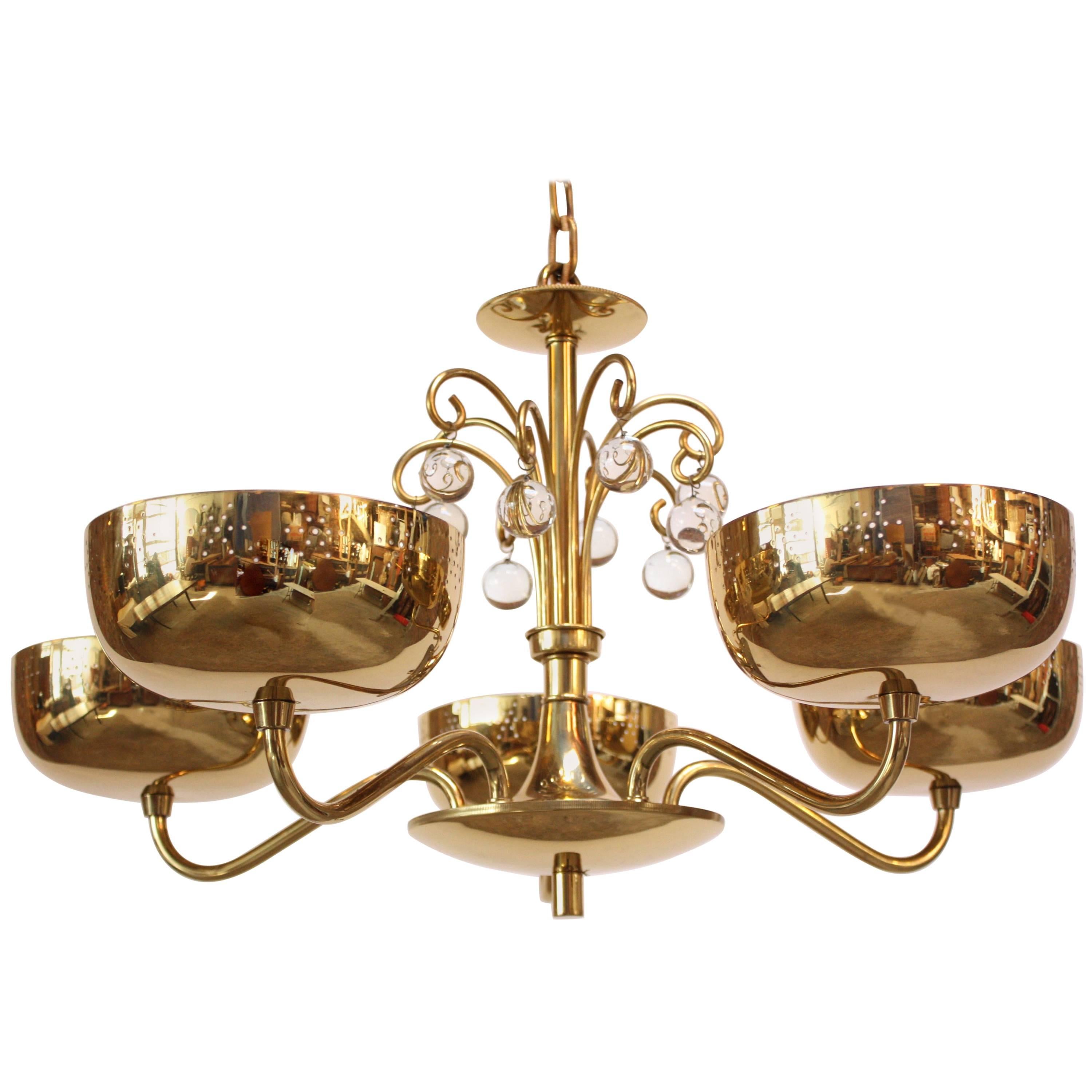 Midcentury Brass Five-Fixture Chandelier with Perforated Shades For Sale