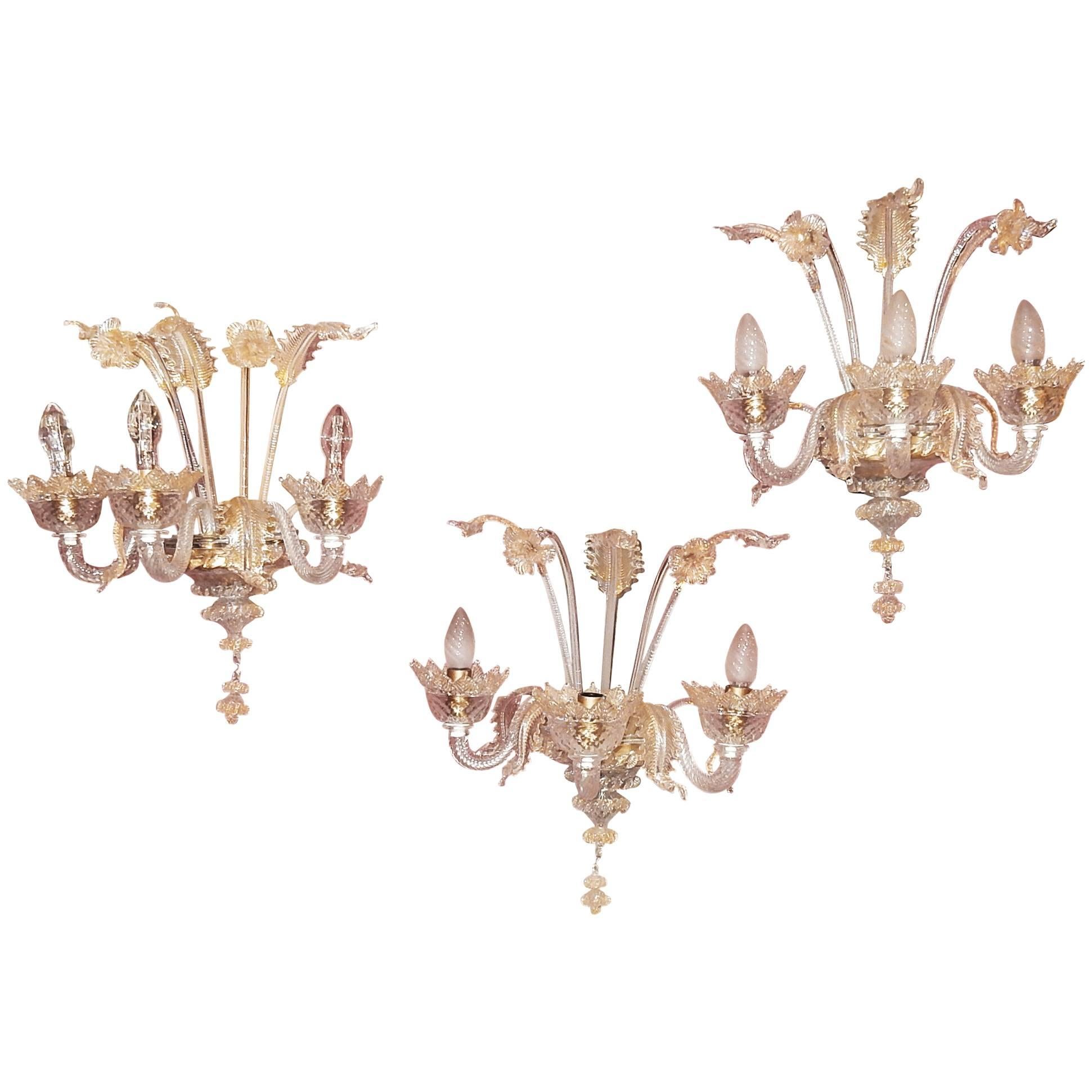 Three Wall Lamps Has Three Arms of Light, Crystal of Murano, Straws of Gold For Sale