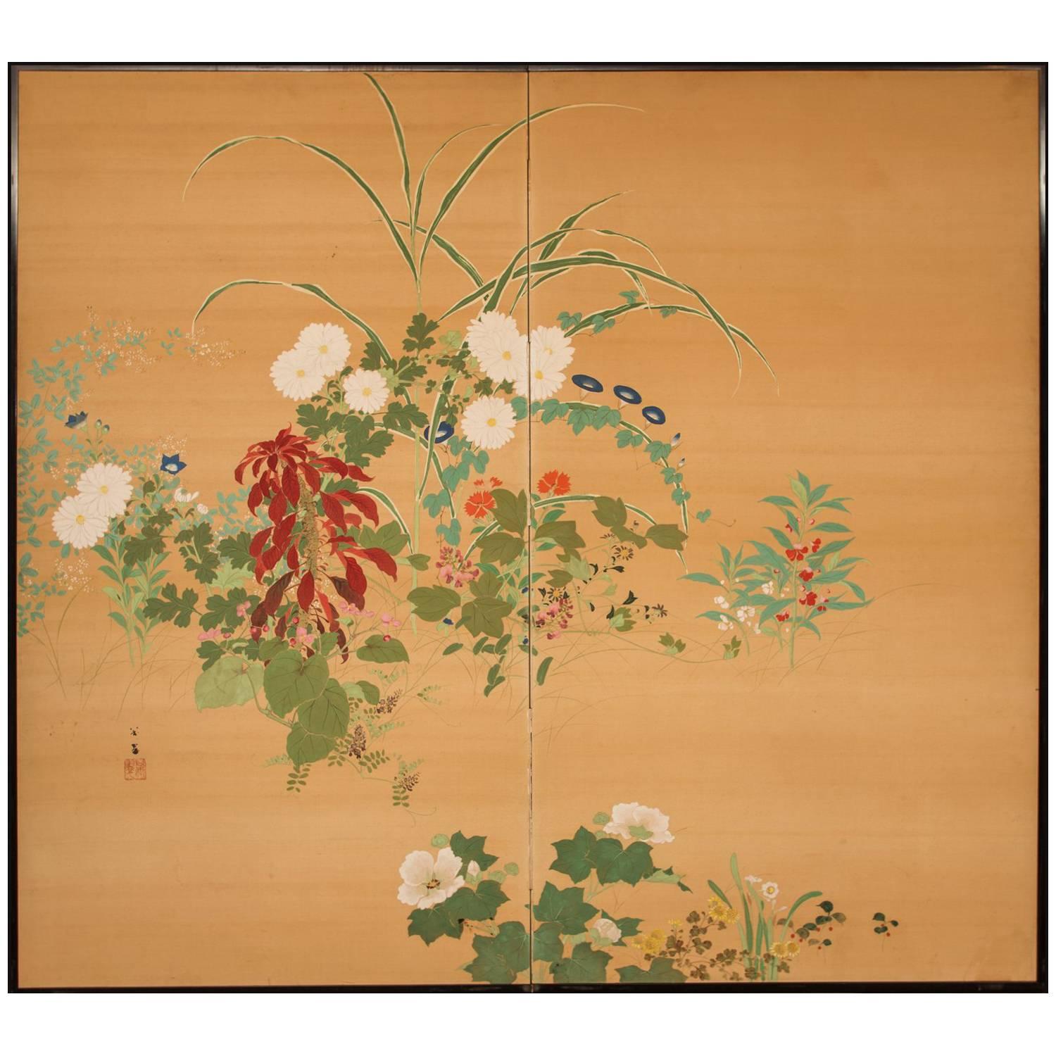 Japanese Two-Panel Screen, Summer Flowers on Silk