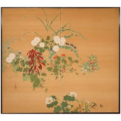 Antique Japanese Two-Panel Screen, Summer Flowers on Silk