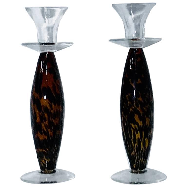 Midcentury Tortoiseshell Clear Crystal Candlesticks, circa 1970 For Sale