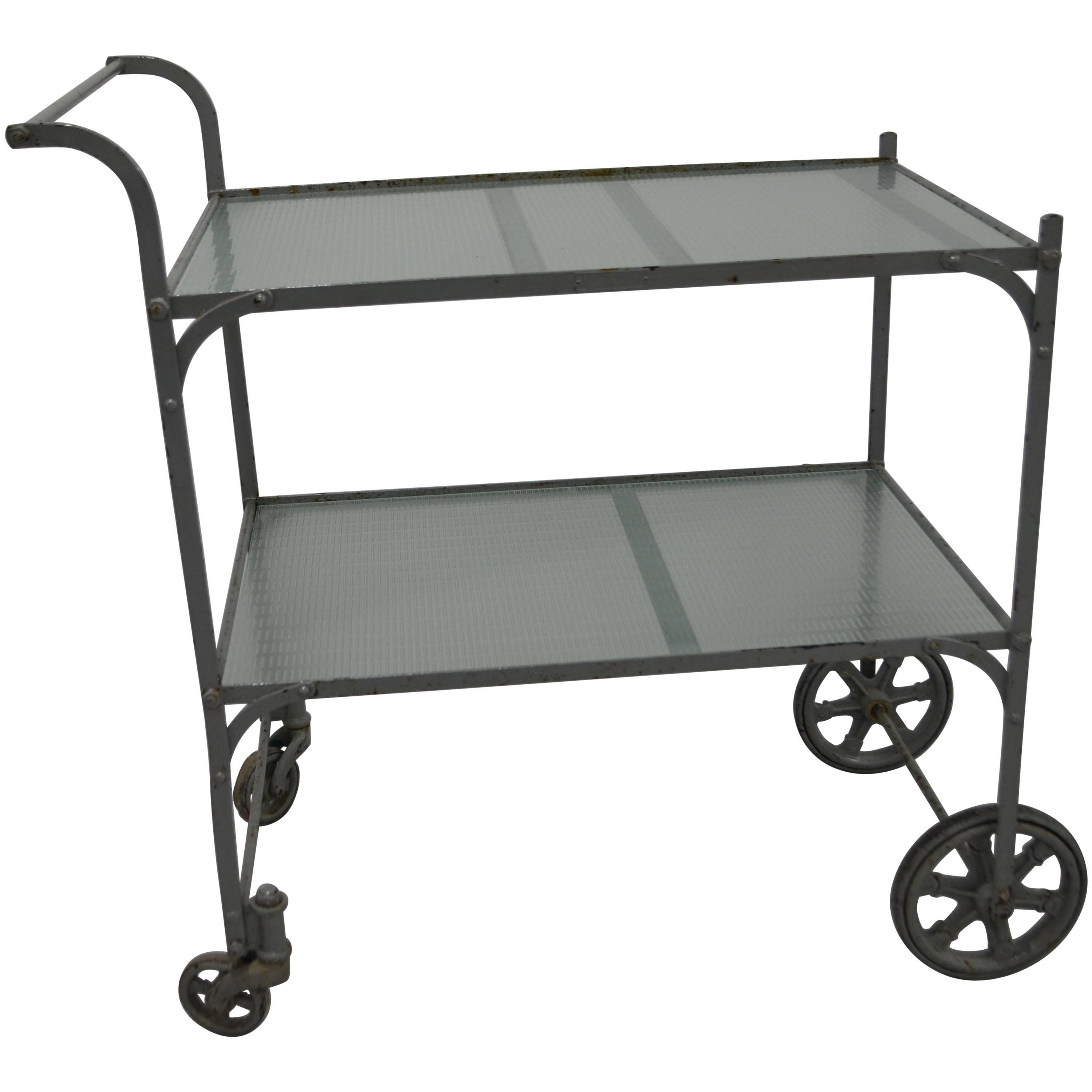 Tea Cart with Painted Steel Frame and Two Shelves of Rippled Glass For Sale