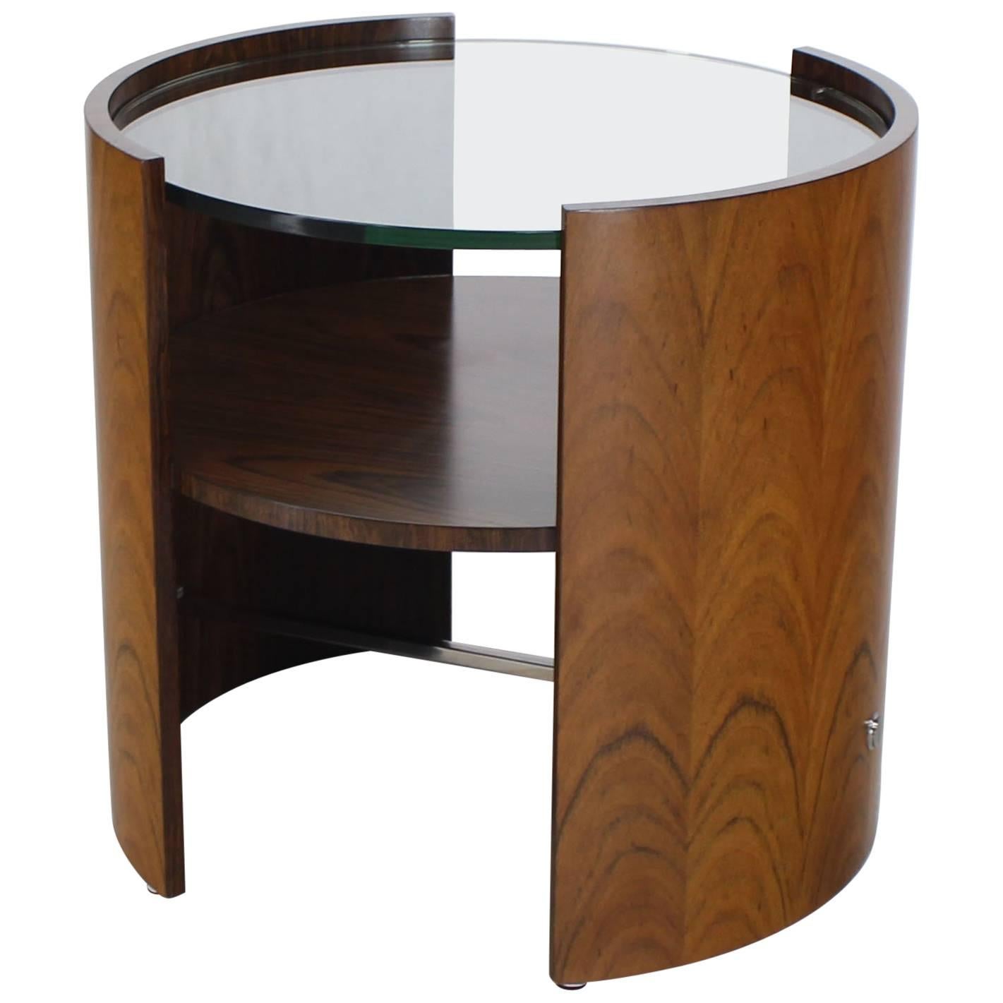 Walnut Round Glass Top Barrel Shape Side Occasional Table