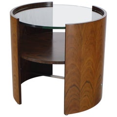 Walnut Round Glass Top Barrel Shape Side Occasional Table