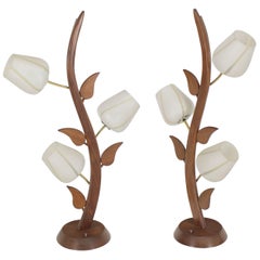 Pair of Sculptural Walnut Frosted Glass Table Lamps Mid-Century Modern