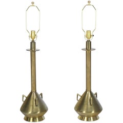 Pair of Brass Finish Metal Jug Shape Mid-Century Modern Table Lamps