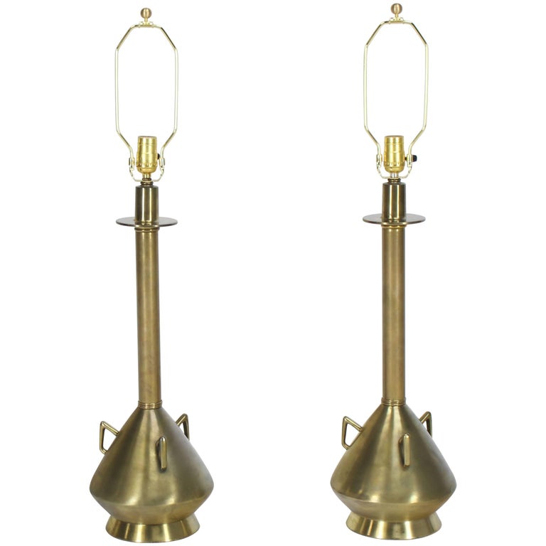 Pair of Brass Finish Metal Jug Shape MidCentury Modern Table Lamps For