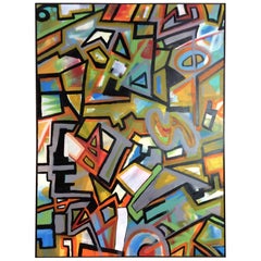 Large Original Acrylic Painting on Canvas, Abstract Geometric Cubist