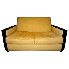 Retro French Art Deco Loveseat Upholstered in Leather, Jules Leleu Attributed 