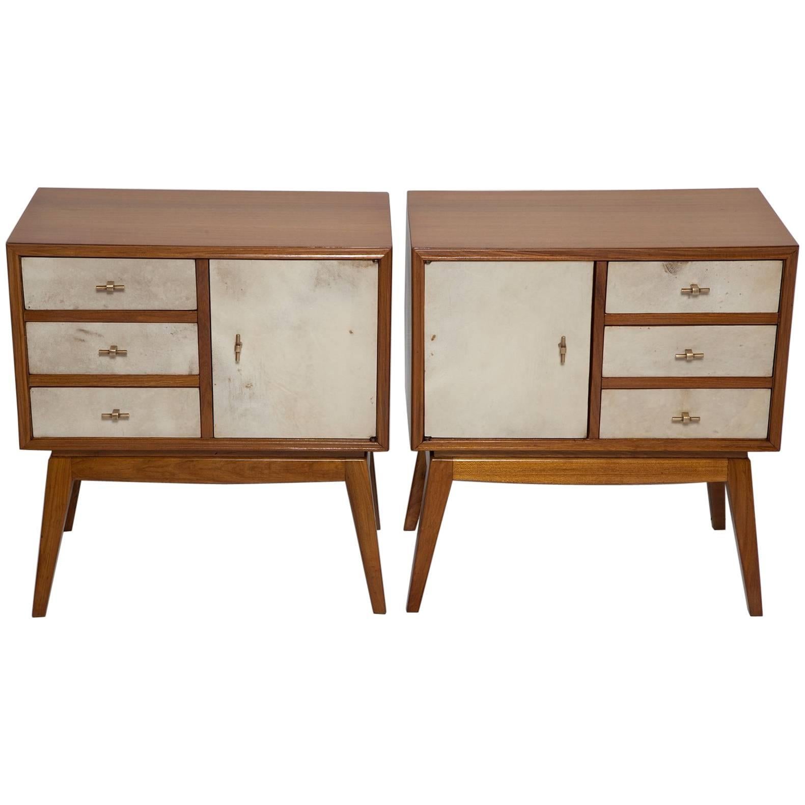 French Teak and Parchment Nightstands, circa 1950
