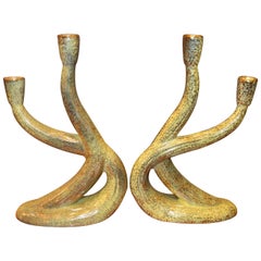 Pair of Heidi Schoop Ceramic Double Candlesticks Yellow and Gold California