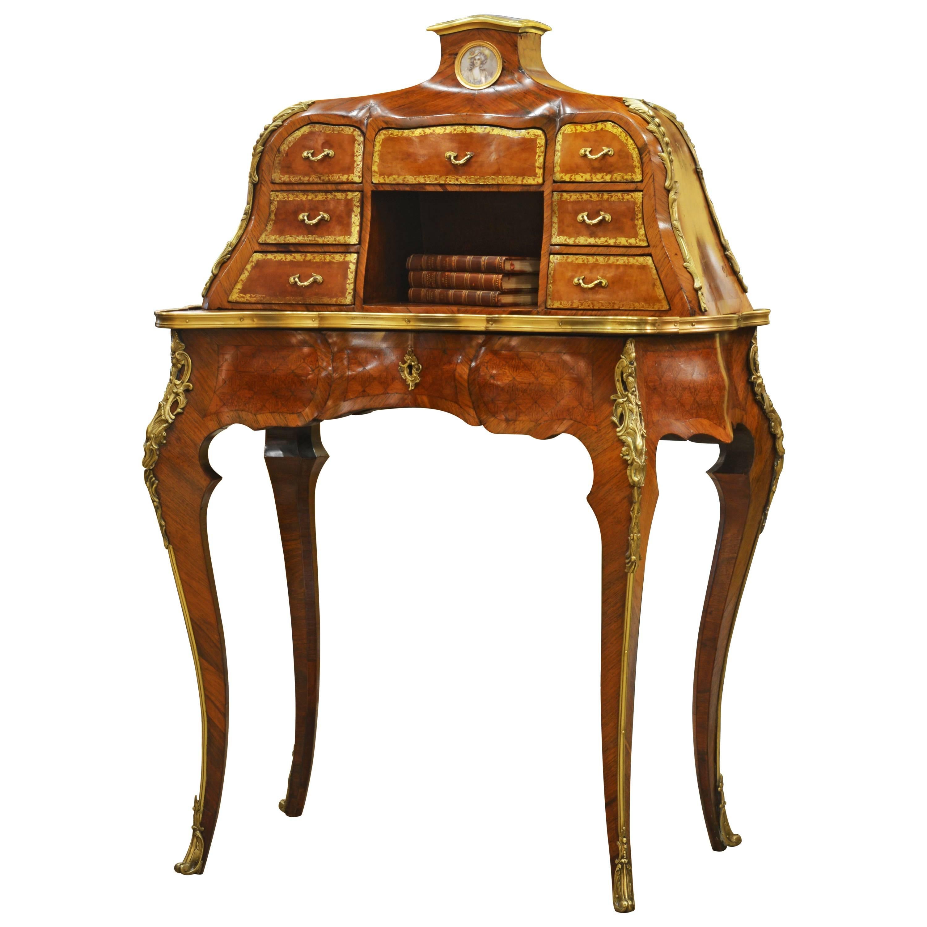 19th Century Louis XV Style Bombe Marquetry and Ormolu-Mounted Bureau a Gradin