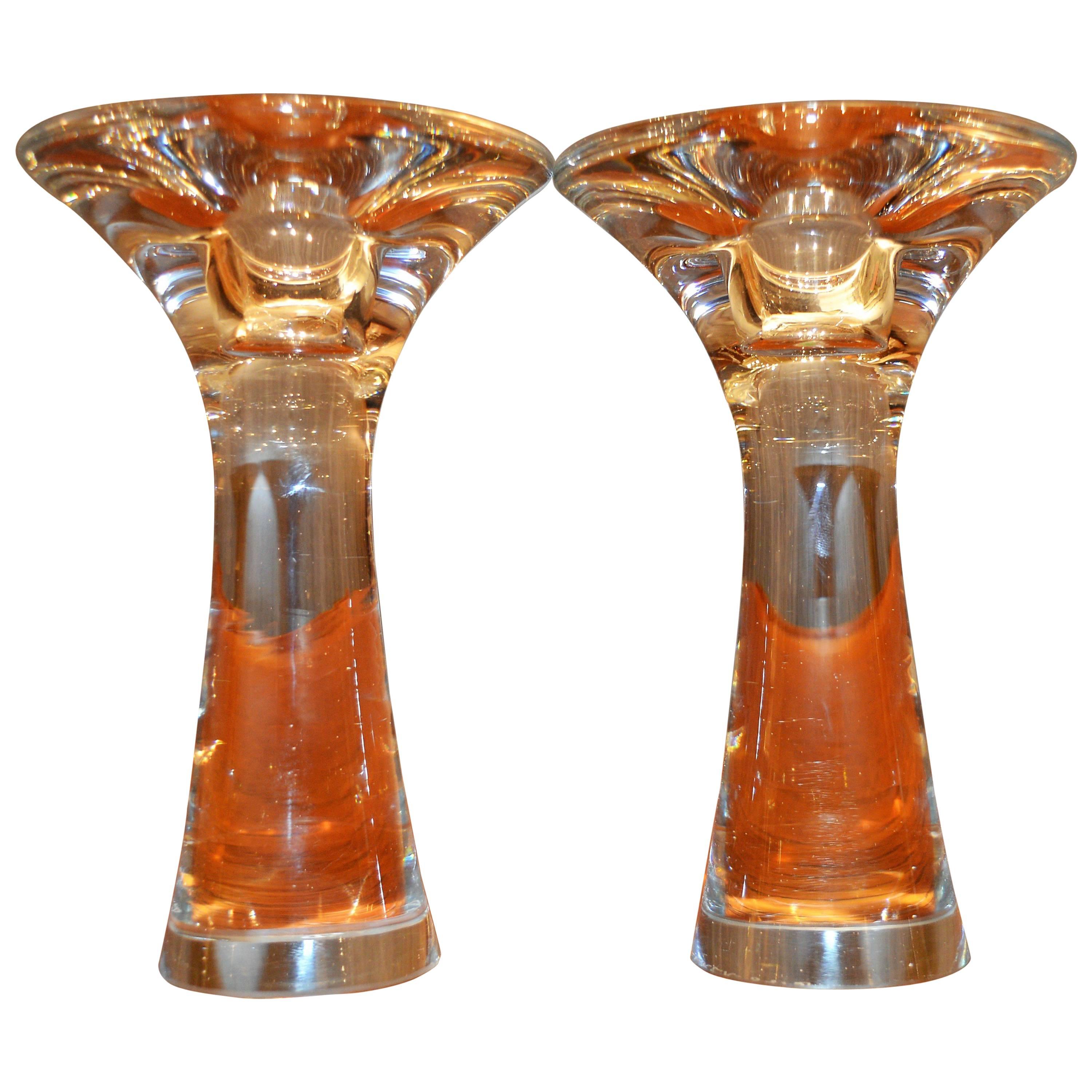 Pair of Tapio Wirkkala Handblown Clear Glass Candlesticks, Signed Iittala For Sale