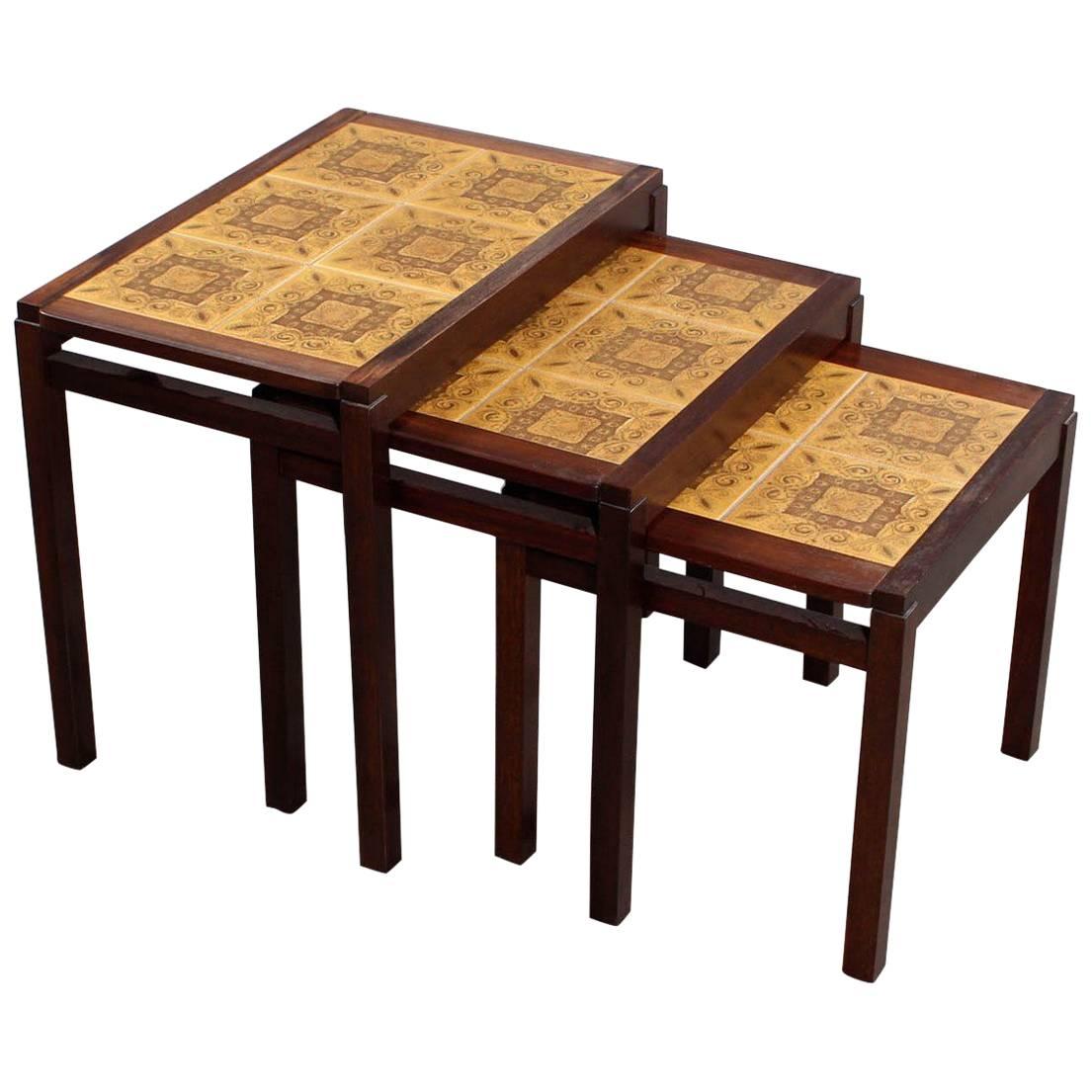 Set of Three Rosewood and Ceramic Tile Danish Modern Nesting Tables