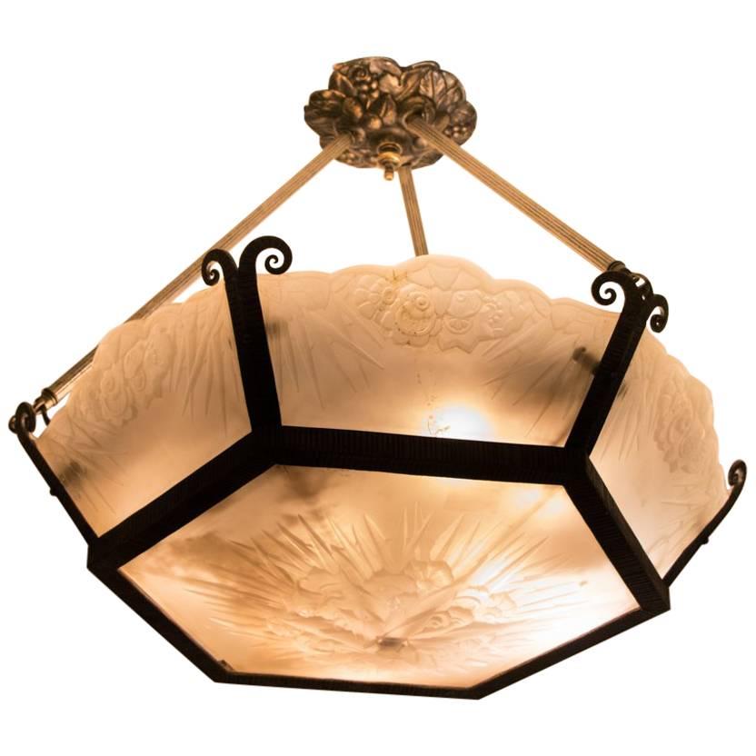 French Art Deco Hexagon Chandelier, Beautiful Etched Glass with Floral Design