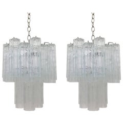 Pair of Italian Glass and Chrome Chandeliers by Venini