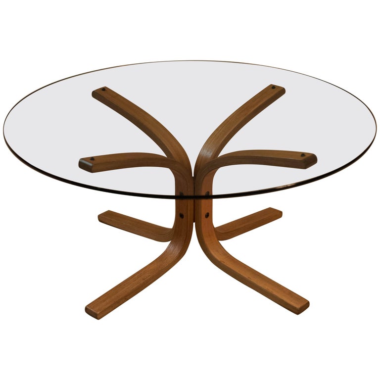 Vintage Round Glass and Teak Coffee Table at 1stDibs