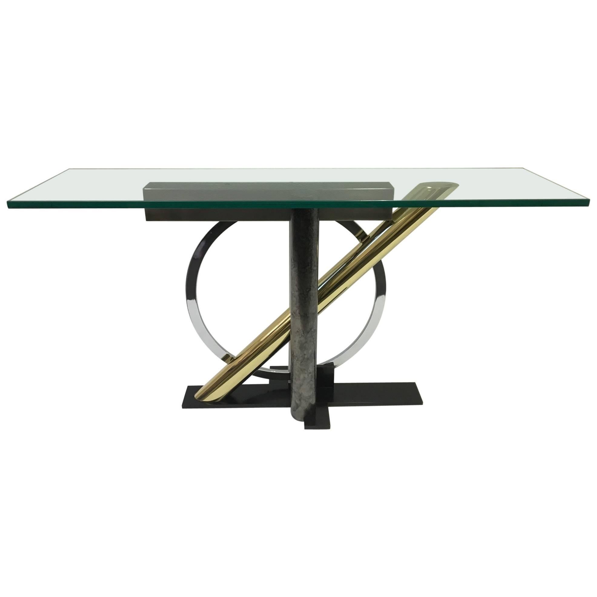 Table console en alliage et verre du Design Institute of America 