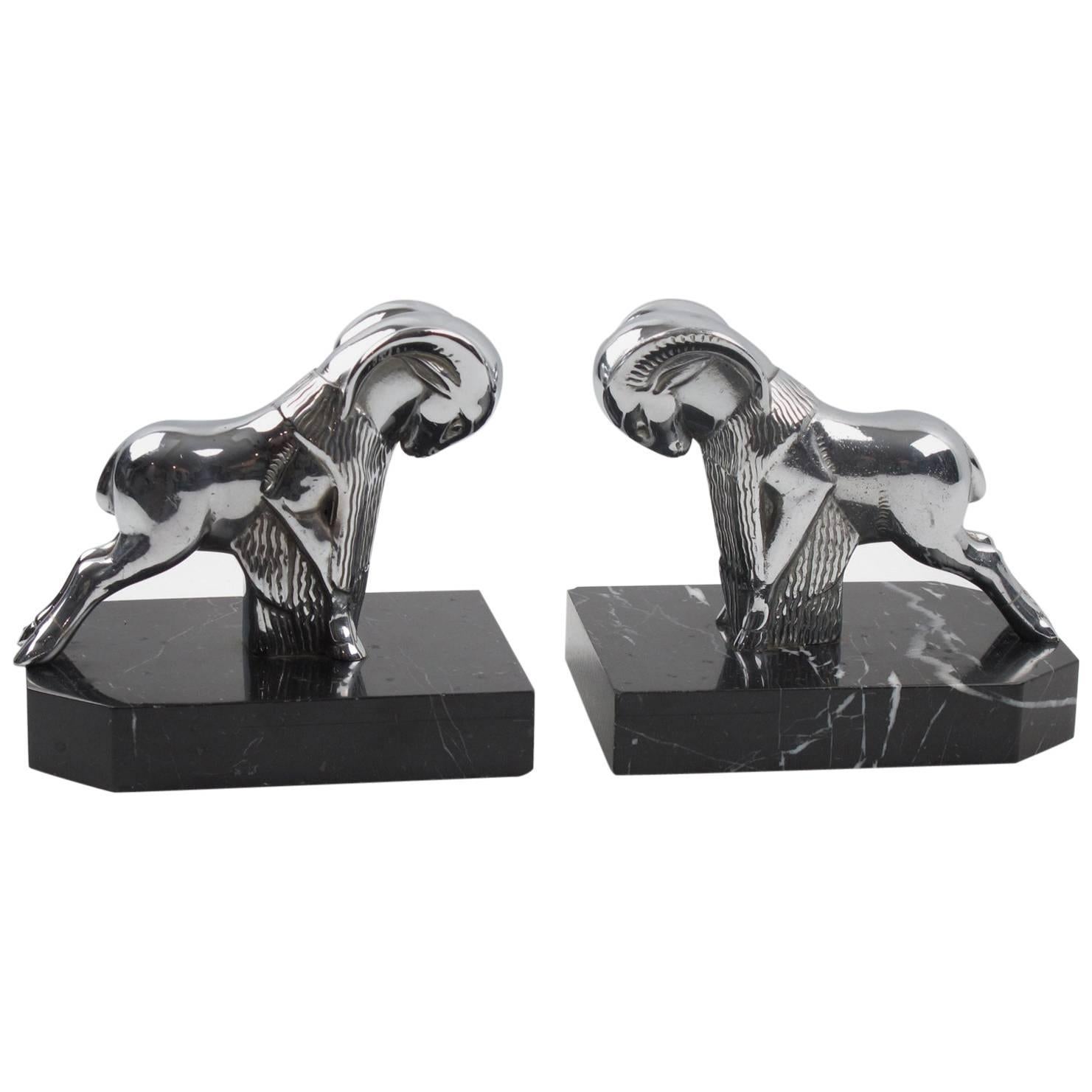 French Art Deco Chrome and Marble Ram Figural Bookends