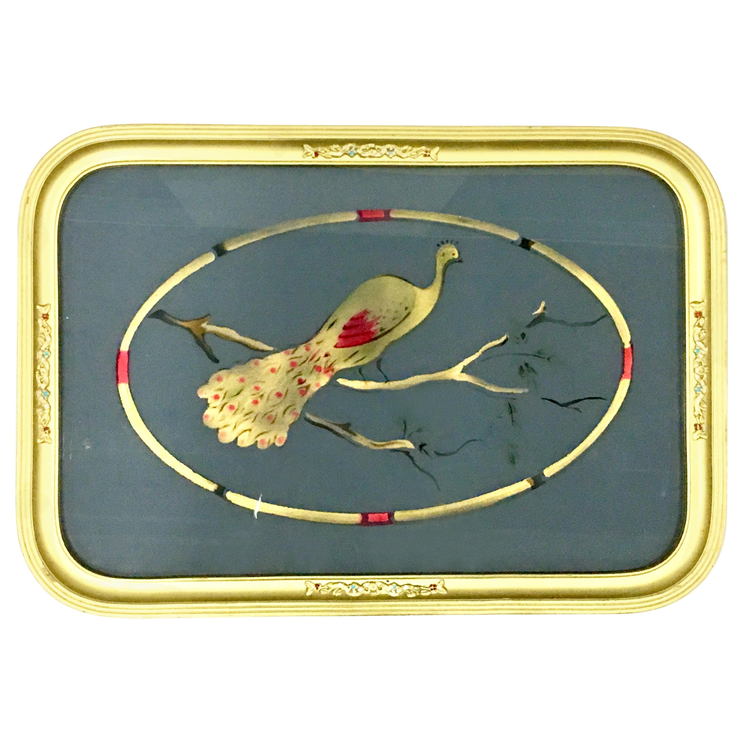 1930'S Art Nouveau Reverse Painted Glass and Gilt Wood "Peacock" Tray For Sale