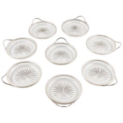 Art Deco Barware Serving Set of 8 Coasters in Silver Plate & Crystal circa 1930s