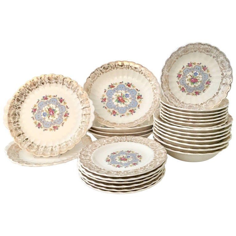 MidCentury Limoges USA Ceramic and Gold Gilt Dinnerware "Lyric" S/25