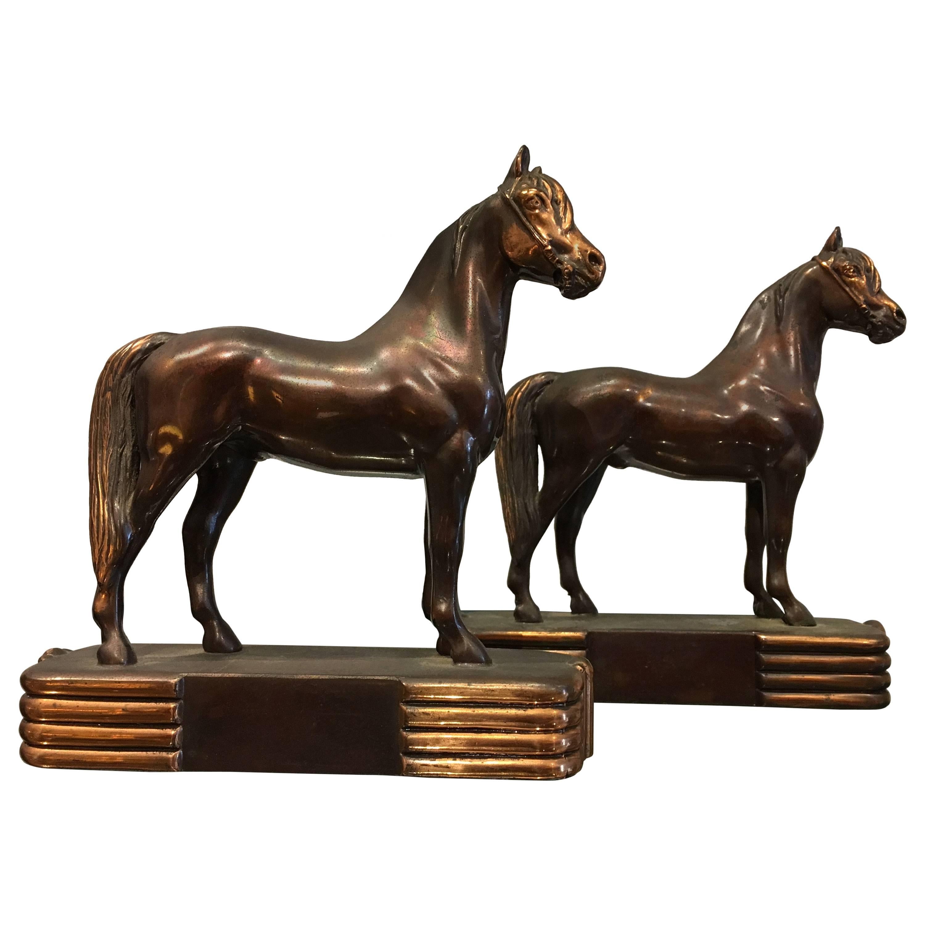 Solid Bronze and Copper Horse Bookends by Dodge Inc., circa 1930s