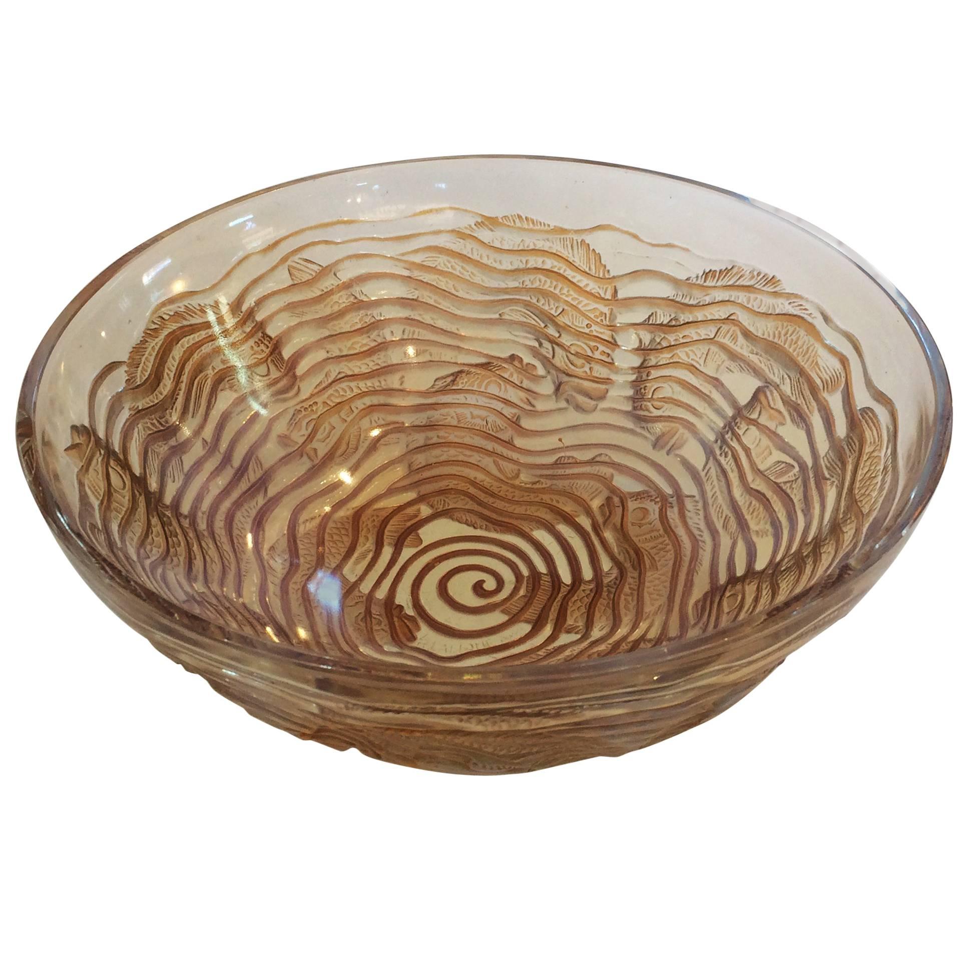 French R. Lalique Heavily Gold Washed Opalescent Bowl Dauphins
