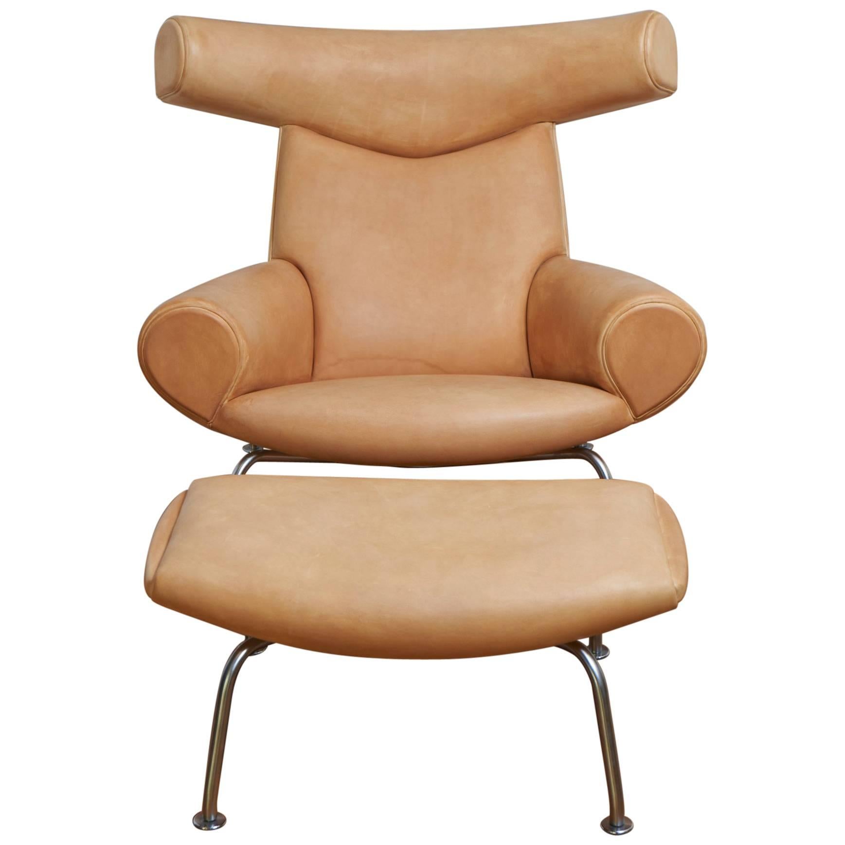 Hans J. Wegner Ej100 Oxchair with Matching Stool For Sale
