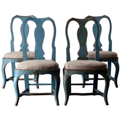 Antique Chairs Dining Swedish Blue Set of Four Rococo, Sweden