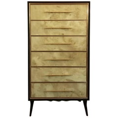 Midcentury Light Green Chest of Drawers in Artistic Murano Glass, Brass and Wood