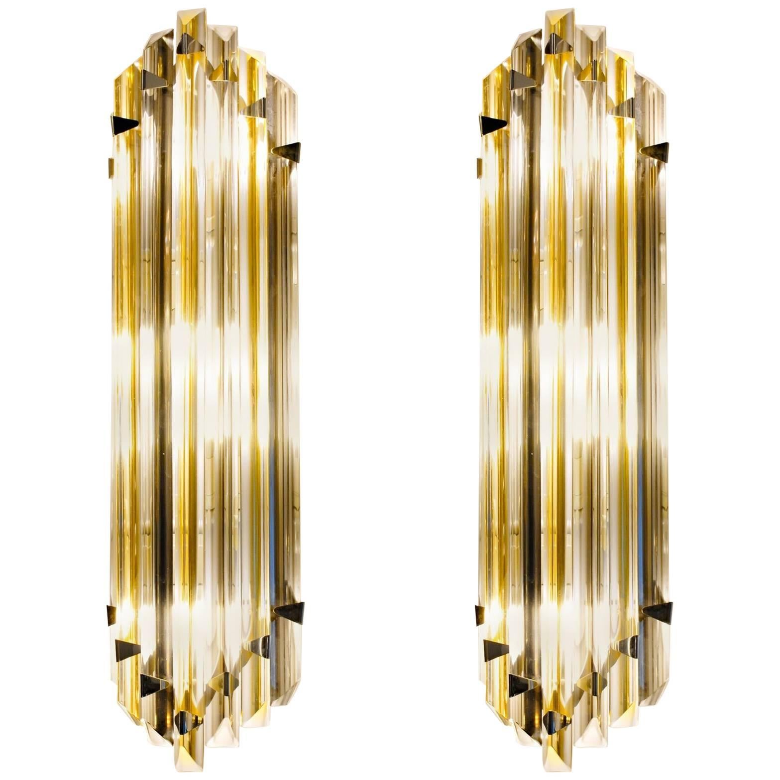 Two Murano Triedri Sconces, Clear with Amber Filigree