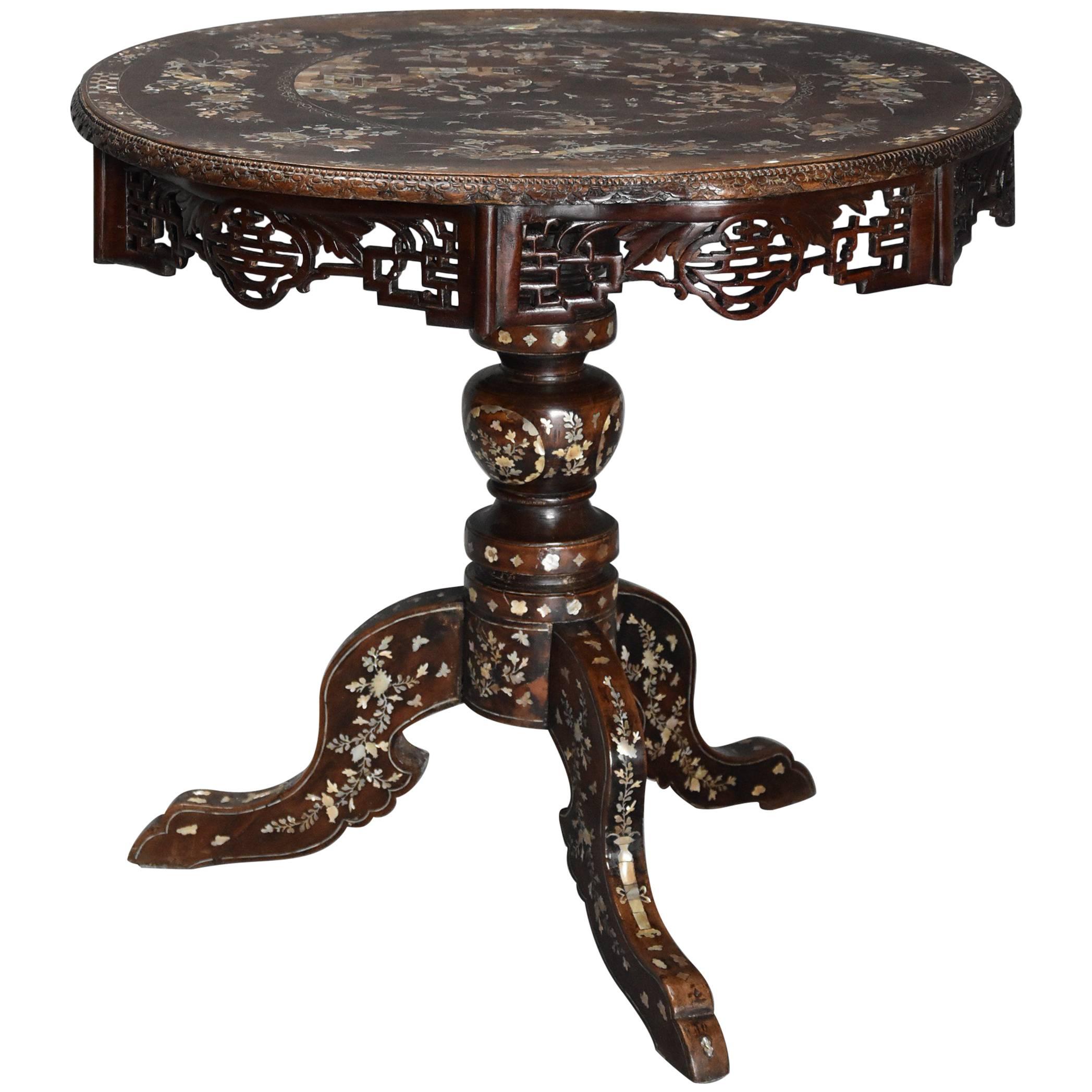 Decorative Vietnamese Hardwood & Mother-of-pearl Circular Centre Table For Sale