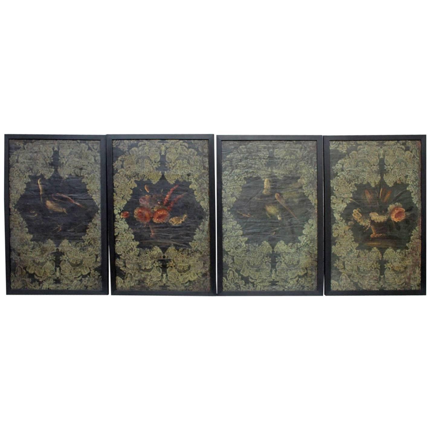 Set of Four 17th Century, Spanish Oil on Hessian Wall Covering Paintings